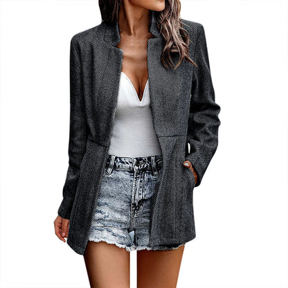 Autumn Winter Open Front Blazer Long Sleeve Stand Collar Trench Business Work Office Outwear Chic Stylish Elegant Fashionable Woman Jacket