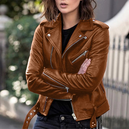 Plus Size Faux Leather Long Sleeve Zipper Fitted Artificial Leather Fall Short Chic Stylish Elegant Fashionable Winter Jacket