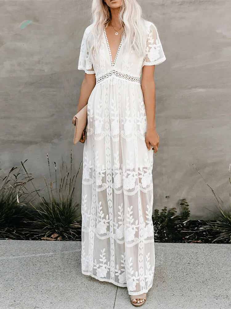 Loose Embroidery White Lace Maxi Boho Dress