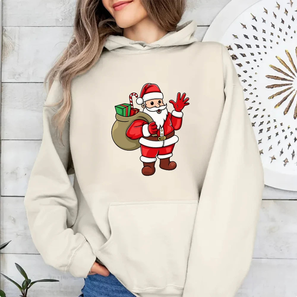 Jolly Santa Claus Cartoon Print Long Sleeve Chic Christmas Hoodie