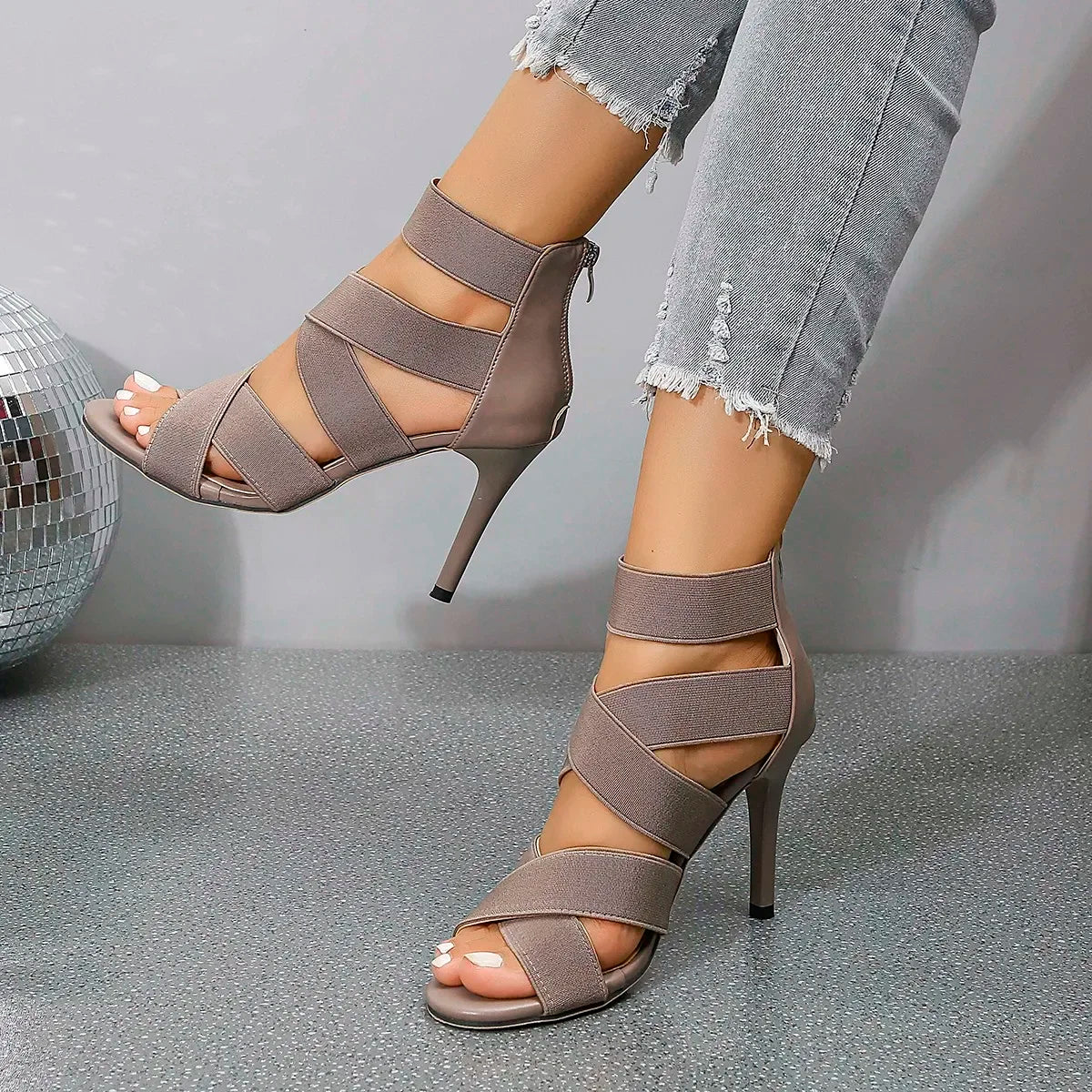 Khaki Beige Thin High Heels Sandals Women Summer Sexy Elastic Band Crossing Dress Party Wedding Shoe Back Zip Gladiator Sandal