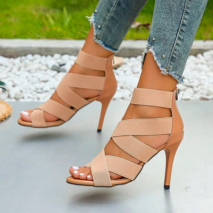 Khaki Super High Heel Sandals for Women - Open Toes Elastic Broadband Crossover Zipper Gladiator Shoes