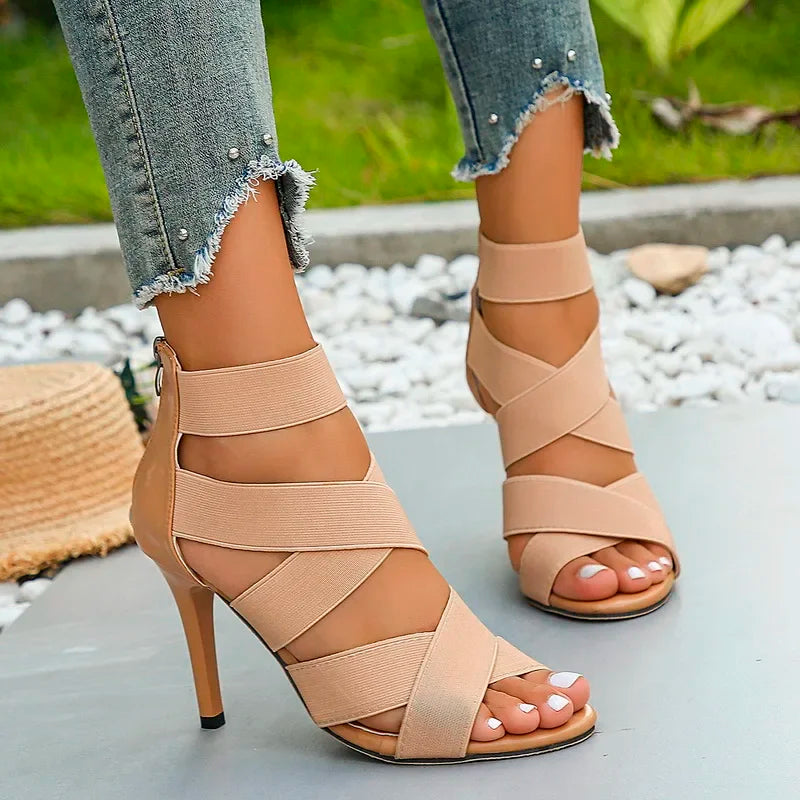 Khaki Super High Heel Sandals for Women - Open Toes Elastic Broadband Crossover Zipper Gladiator Shoes