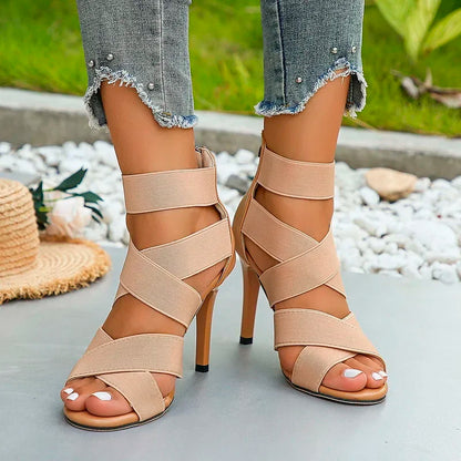 Khaki Super High Heel Sandals for Women - Open Toes Elastic Broadband Crossover Zipper Gladiator Shoes