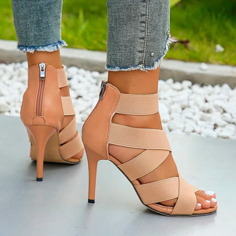 Khaki Super High Heel Sandals for Women - Open Toes Elastic Broadband Crossover Zipper Gladiator Shoes