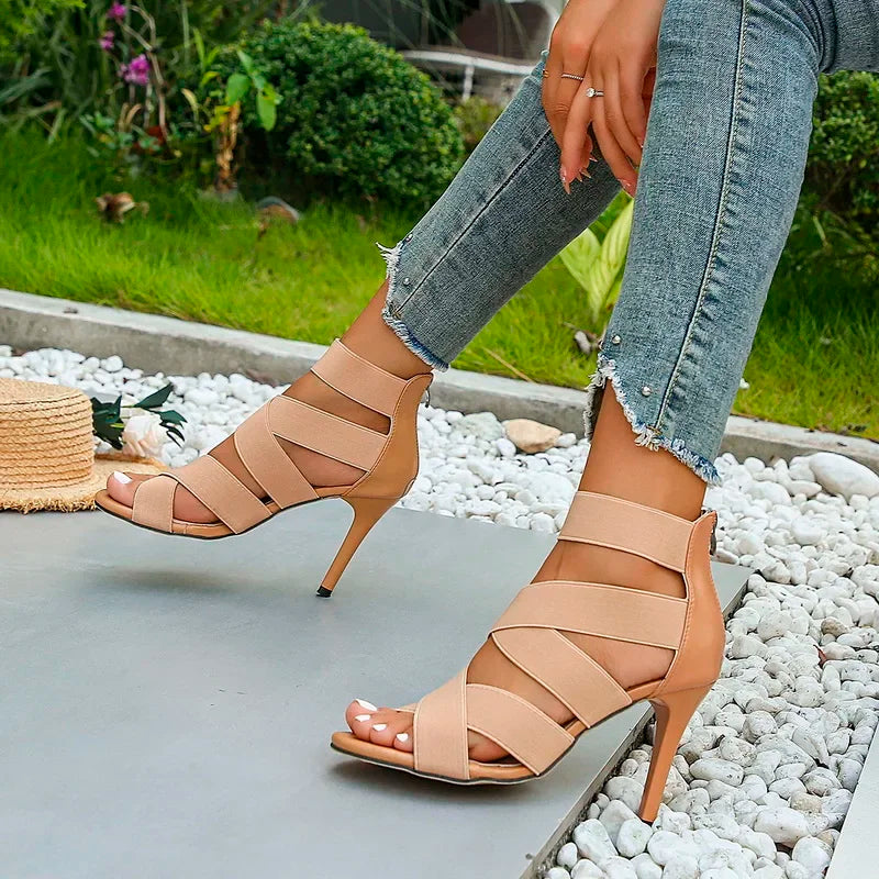 Khaki Super High Heel Sandals for Women - Open Toes Elastic Broadband Crossover Zipper Gladiator Shoes