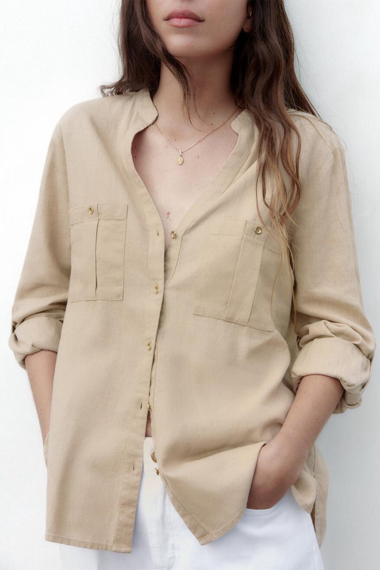 Button-Up Arm Pocket V-neck Roll-up Top