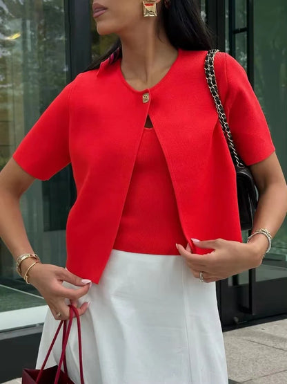 Elegant One Button Red Short Sleeve Cardigan