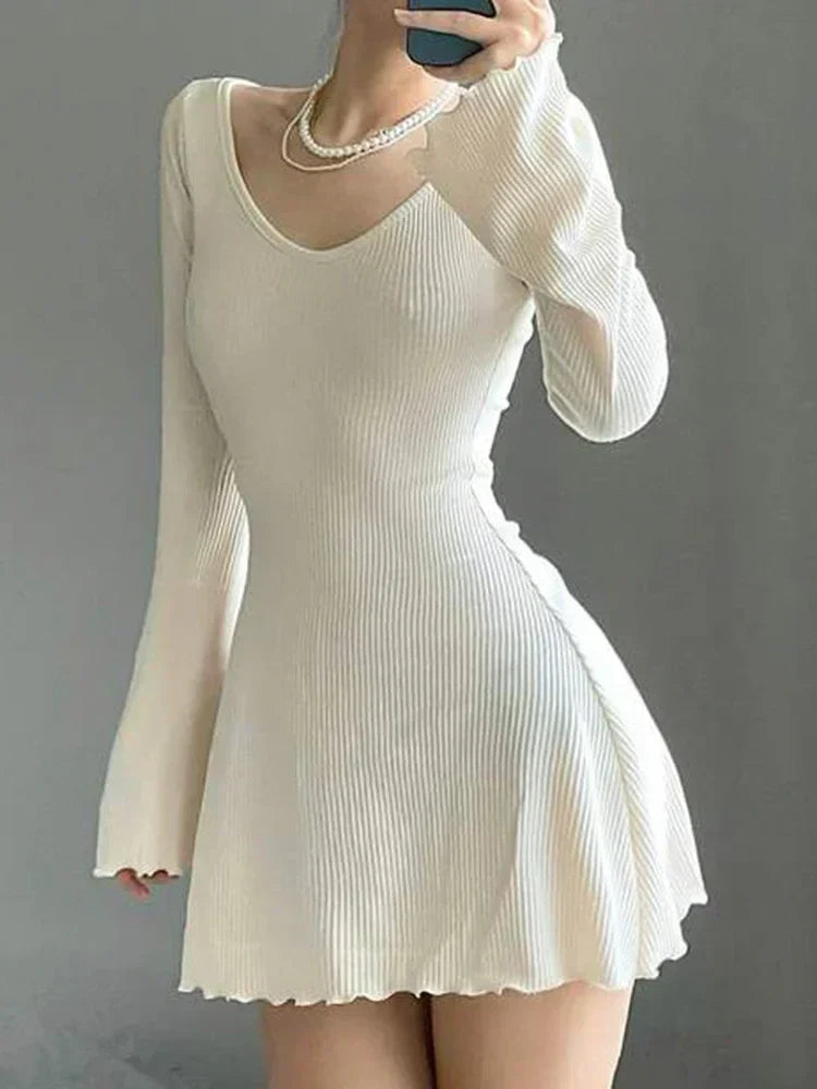 Knitting V Neck Hem Elegant Mini Dress White / S