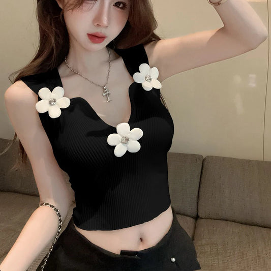 Korean 3D Floral Deep V-Neck Stretchy Crop Top