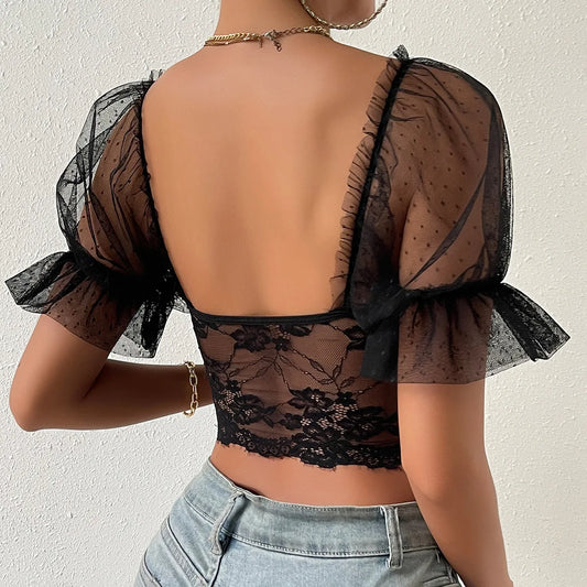 Korean Mesh Sheer Puff Sleeve Lace Crop Top