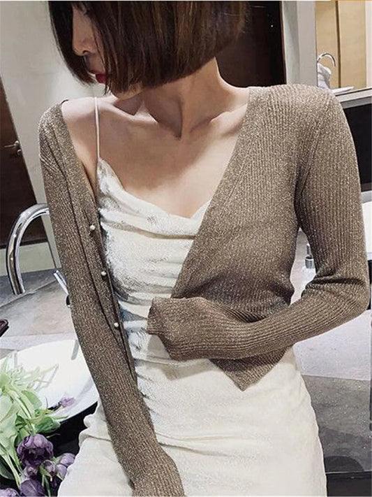 Silk Pearl Button V-Neck Cardigan Cardigan-241208