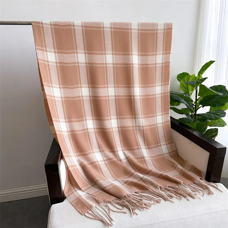 Korean Style Thick Warm Shawl Wrap Plaid Cashmere Blanket Scarf Orange Scarfs-L