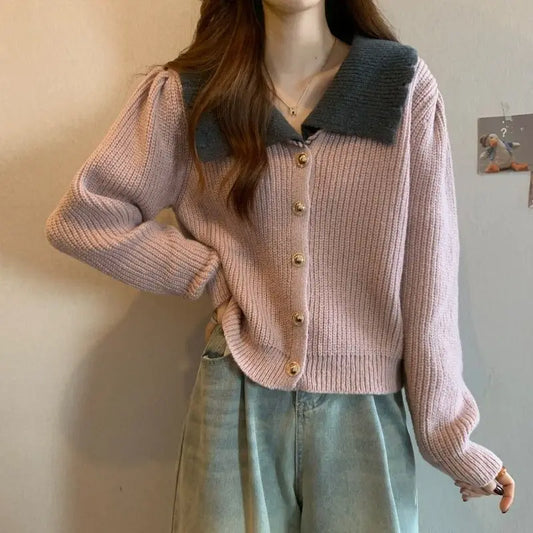 Doll Neck Single Breasted Loose Knit Cardigan