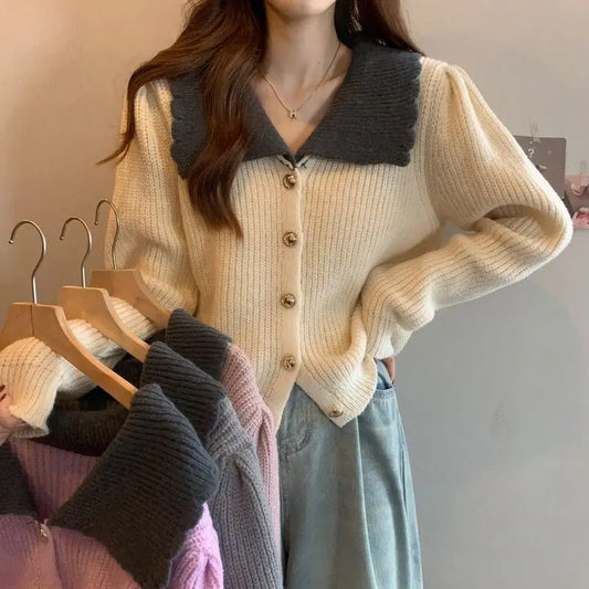 Doll Neck Single Breasted Loose Knit Cardigan