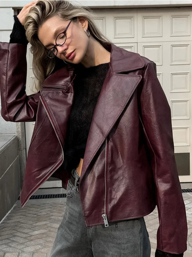 Red Turn-Down Collar PU Leather Coat