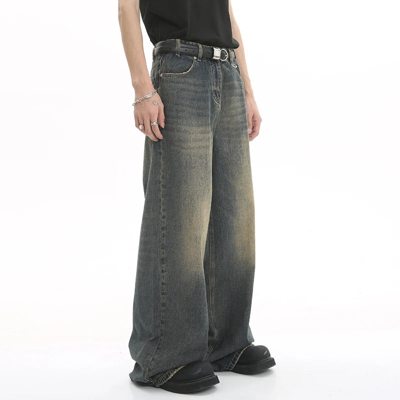 Old Male Pants Summer Blue Washed Denim Casual Menwear Wide Leg Trousers 2024 New Fashion Jeans