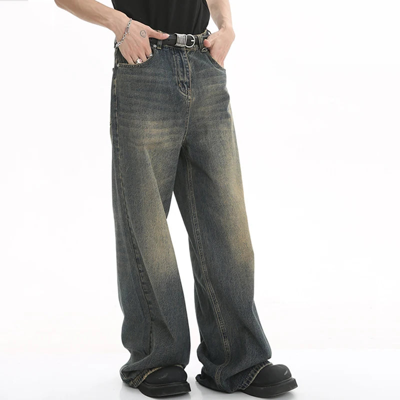 Old Male Pants Summer Blue Washed Denim Casual Menwear Wide Leg Trousers 2024 New Fashion Jeans