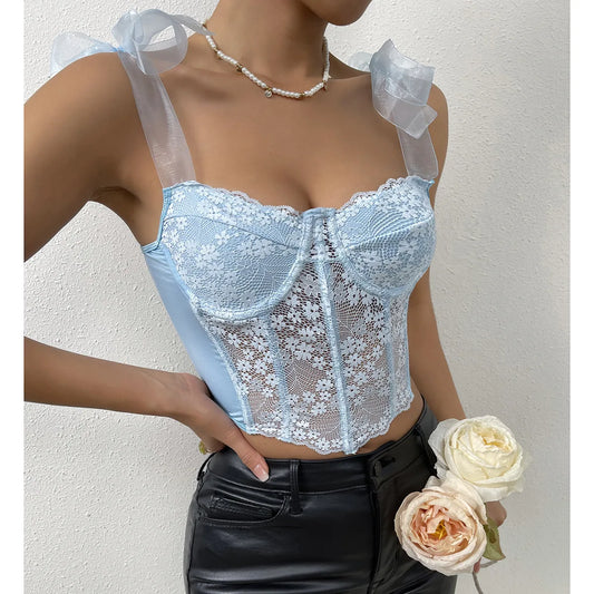 Mesh Bow Floral Corset Fishbone Crop Top