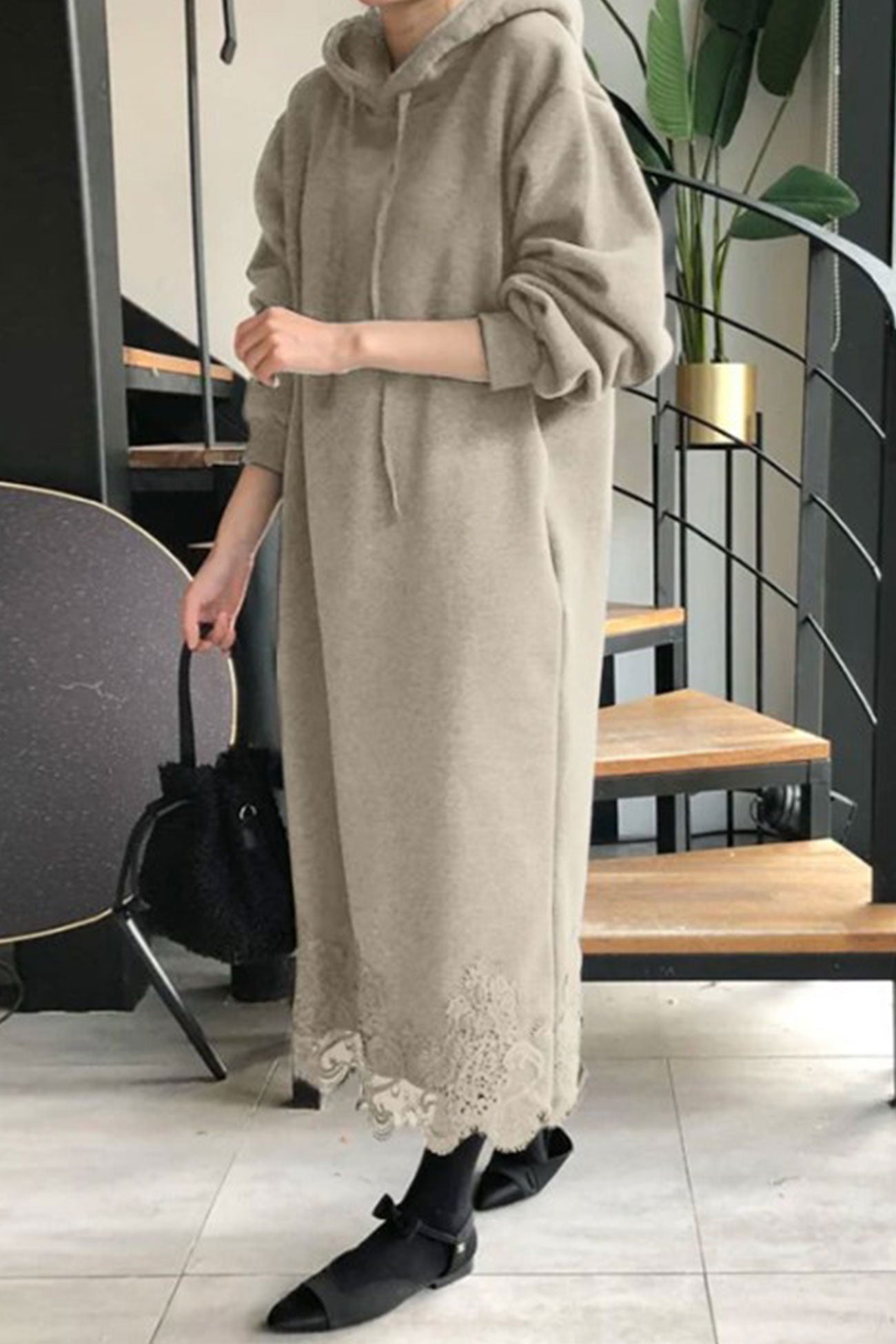 Hoodie Dress with Lace Hem