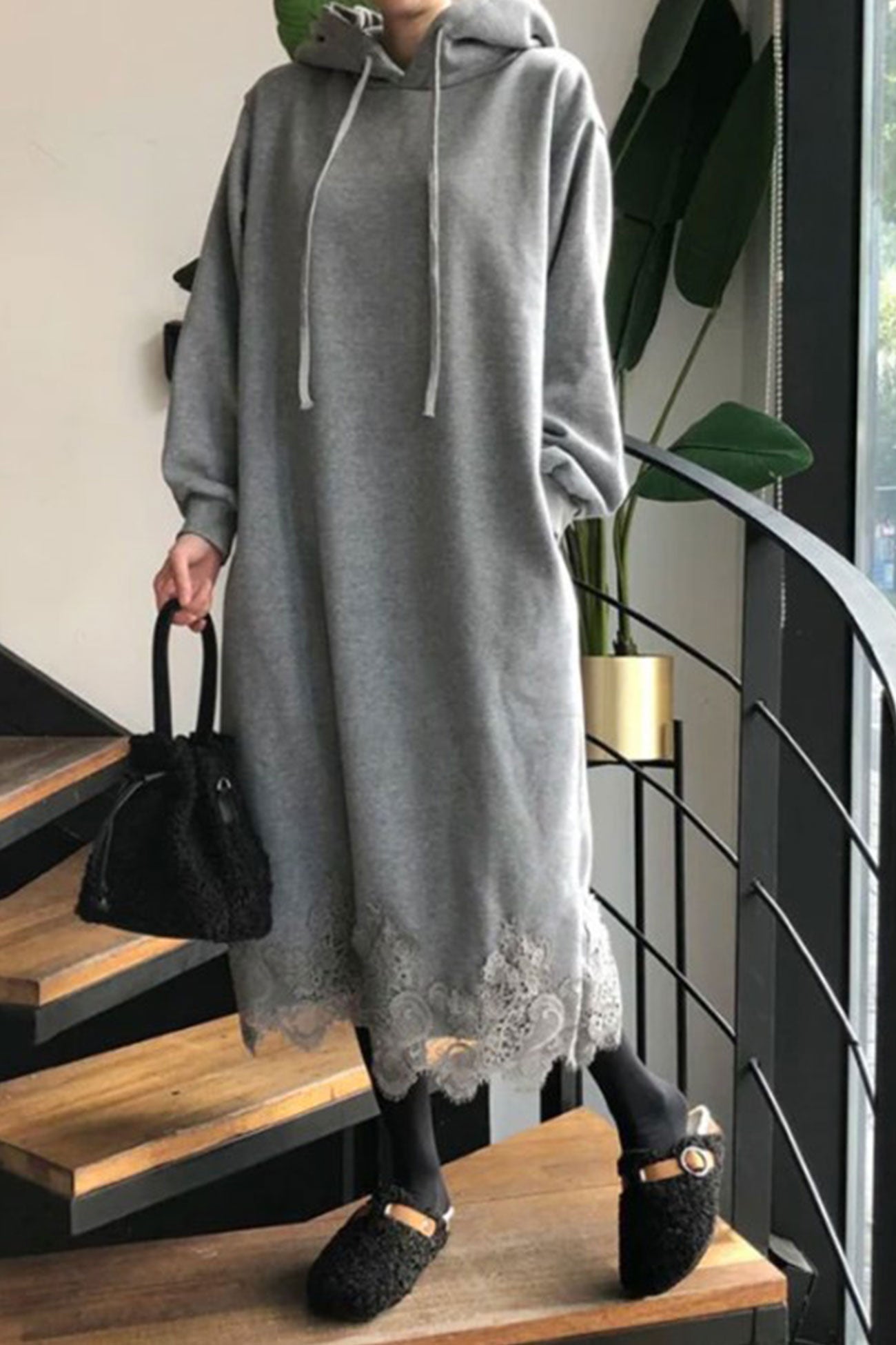 Hoodie Dress with Lace Hem