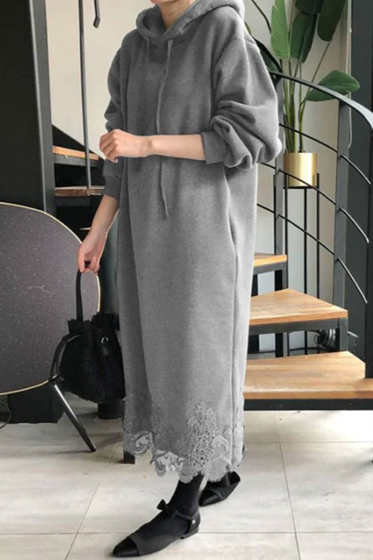 Hoodie Dress with Lace Hem