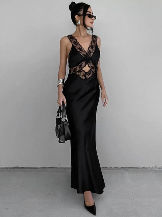 Lace V Neck Evening Fashion Maxi Dress