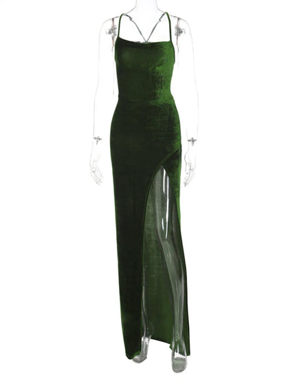 Lace Up Green Velvet Strap Maxi Dress Backless Bodycon Sexy Christmas Party Dress