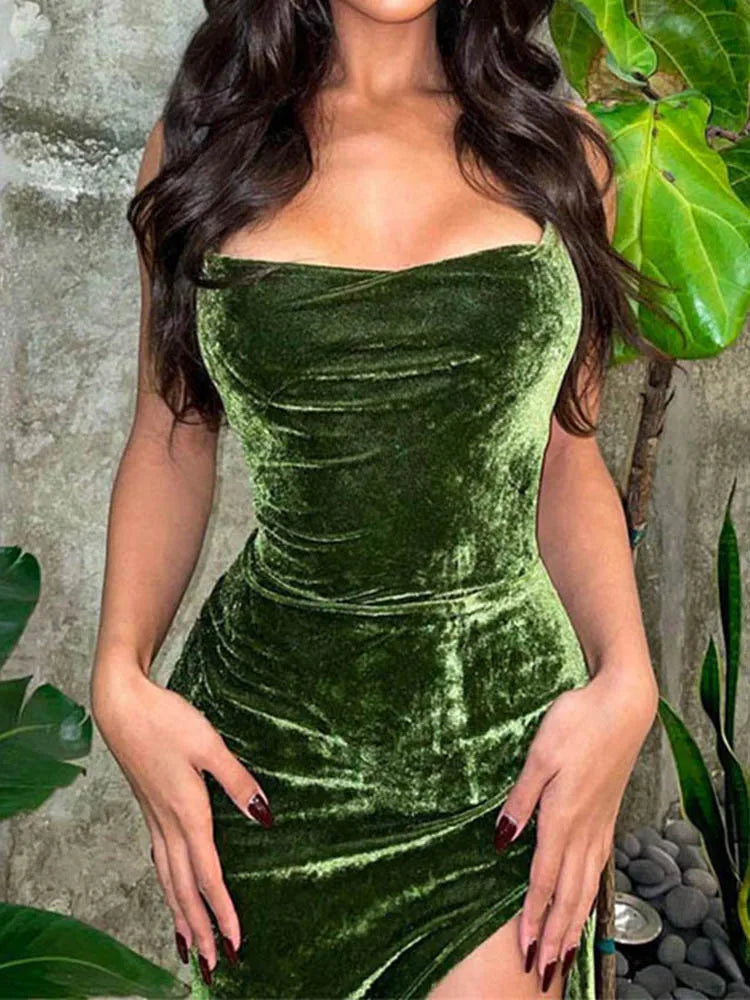 Lace Up Green Velvet Strap Maxi Dress Backless Bodycon Sexy Christmas Party Dress