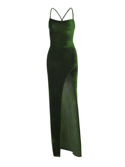 Lace Up Green Velvet Strap Maxi Dress Backless Bodycon Sexy Christmas Party Dress