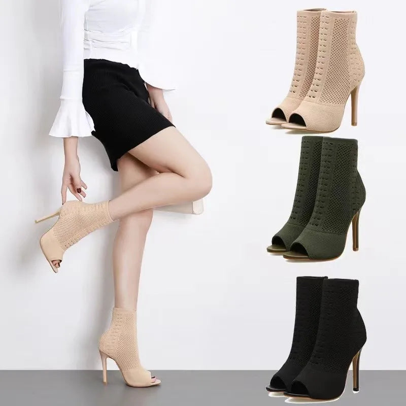 Peep Toe Stretch Fabric Knitting Ankle Boots - Hollow Out Breathable High Heels Party Shoes for Women