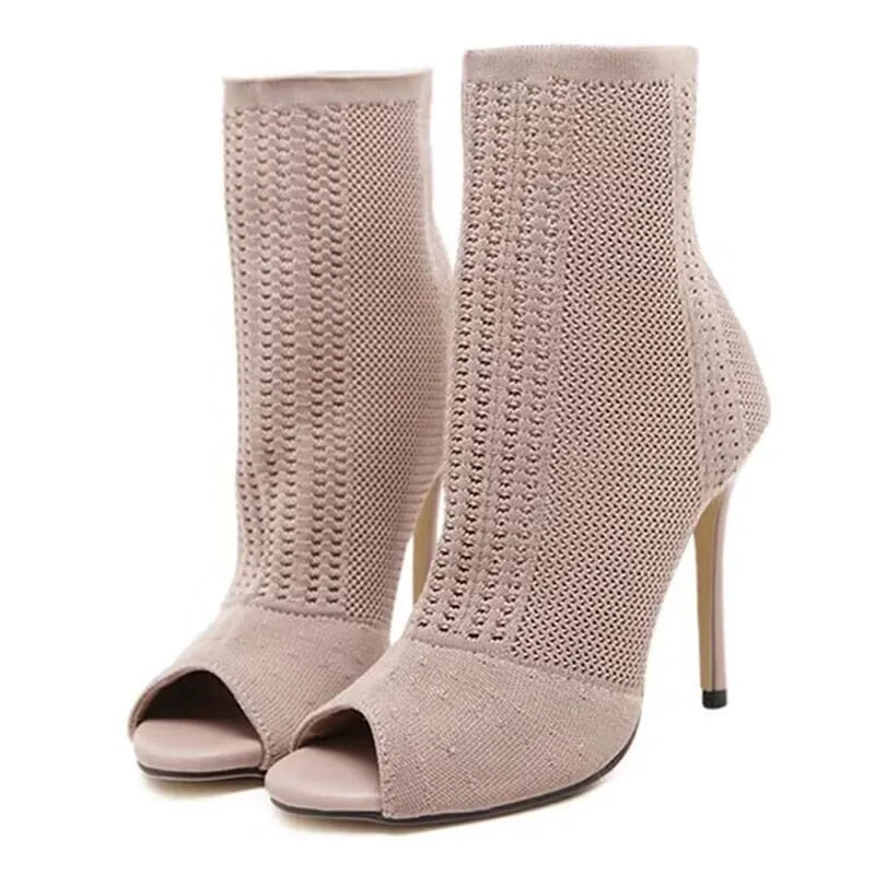 Peep Toe Stretch Fabric Knitting Ankle Boots - Hollow Out Breathable High Heels Party Shoes for Women