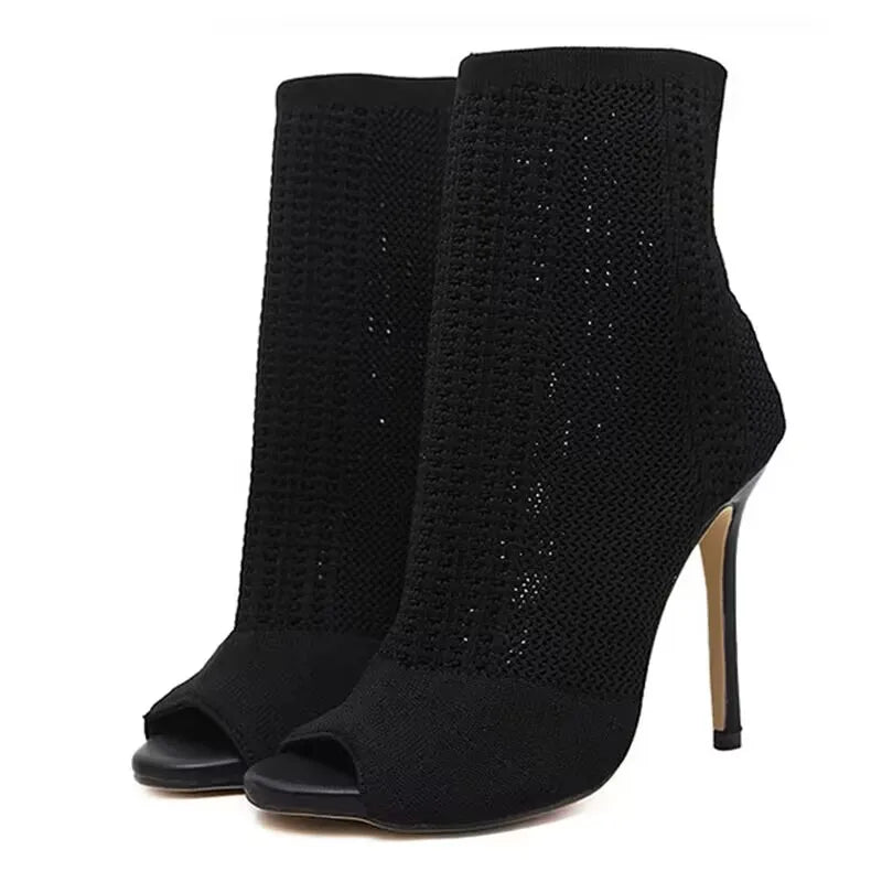 Peep Toe Stretch Fabric Knitting Ankle Boots - Hollow Out Breathable High Heels Party Shoes for Women