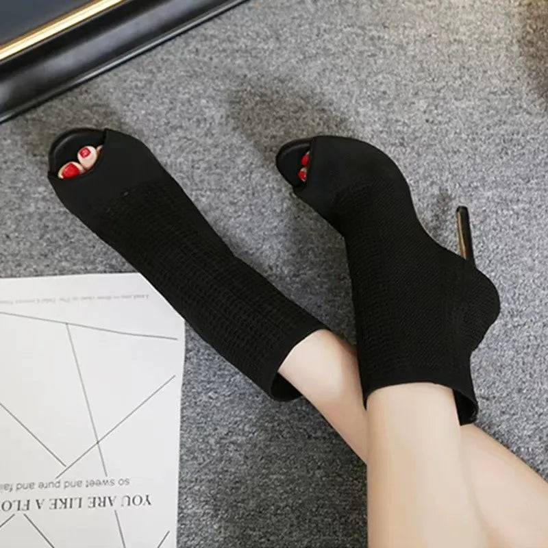 Peep Toe Stretch Fabric Knitting Ankle Boots - Hollow Out Breathable High Heels Party Shoes for Women