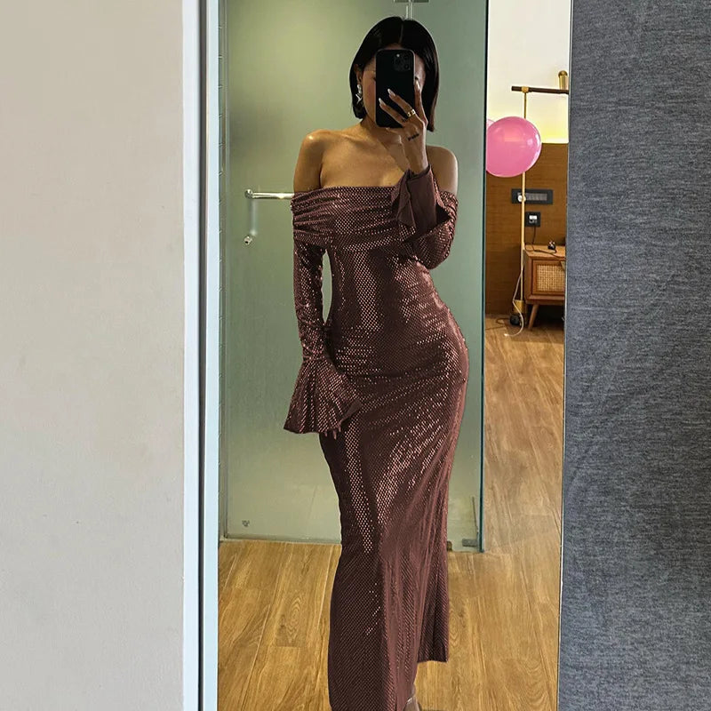 Bling Glitter Sequins Maxi Party Dress Brown / S Partydress-241208