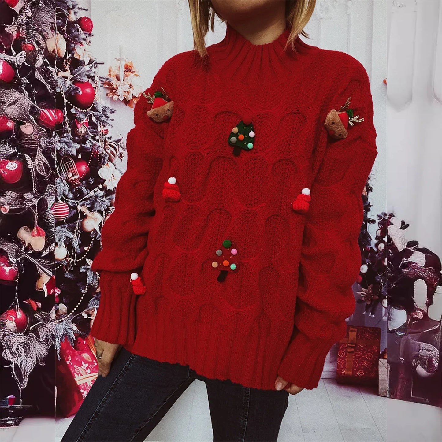 Fashionable Autumn Winter Xmas Loose Round Neck Print Knitted Christmas Sweater