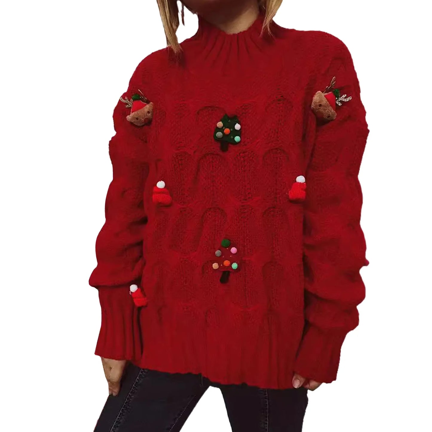 Fashionable Autumn Winter Xmas Loose Round Neck Print Knitted Christmas Sweater