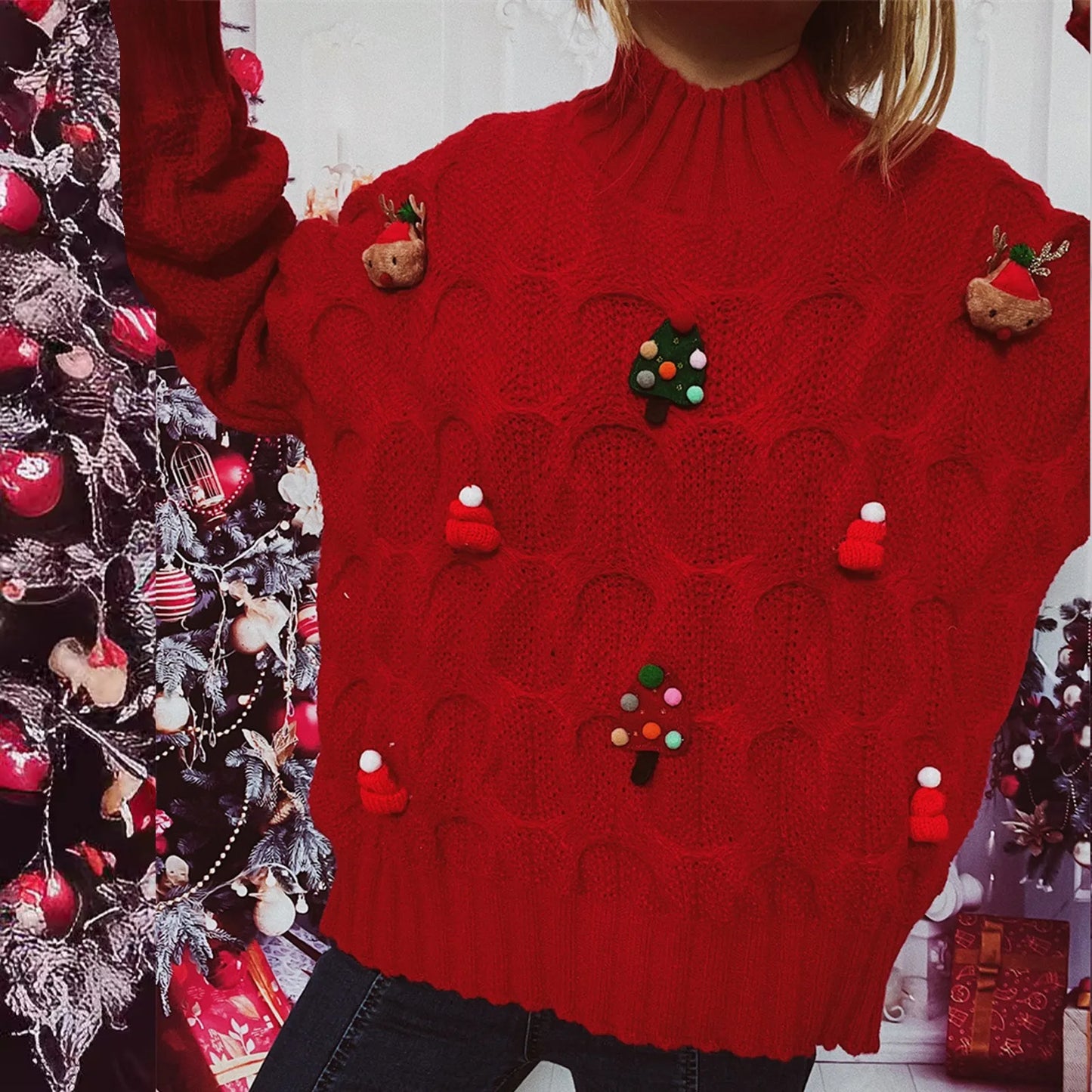 Fashionable Autumn Winter Xmas Loose Round Neck Print Knitted Christmas Sweater