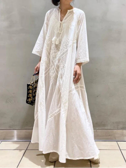 Cotton Linen Beach White V Neck Embroidered Boho Dress