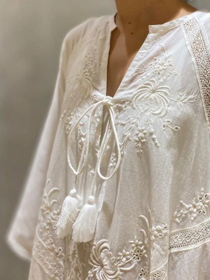 Cotton Linen Beach White V Neck Embroidered Boho Dress