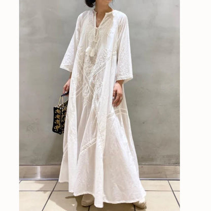 Cotton Linen Beach White V Neck Embroidered Boho Dress