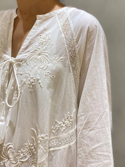 Cotton Linen Beach White V Neck Embroidered Boho Dress