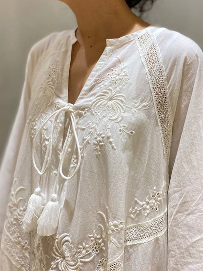 Cotton Linen Beach White V Neck Embroidered Boho Dress