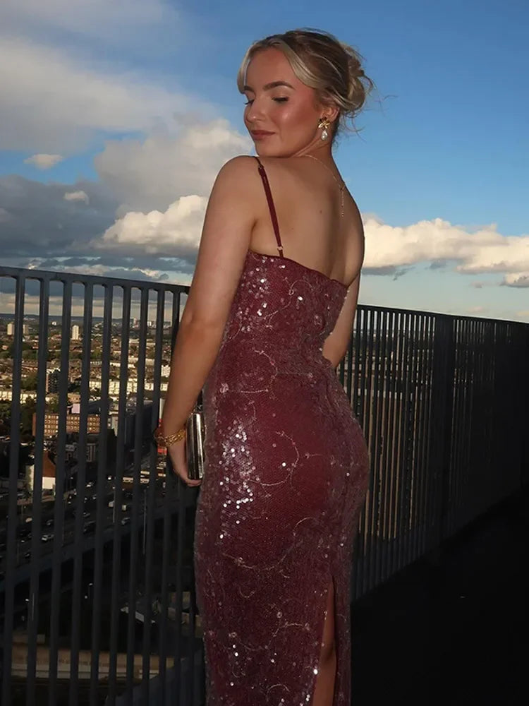 Glossy Sequin Sleeveless Backless Party Dress Partydress-241208