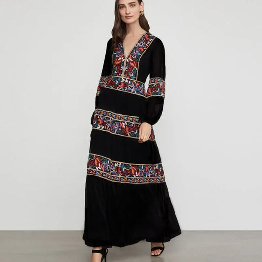 Lantern Long Sleeve V-neck Maxi Dress Black / S bohodress-250126