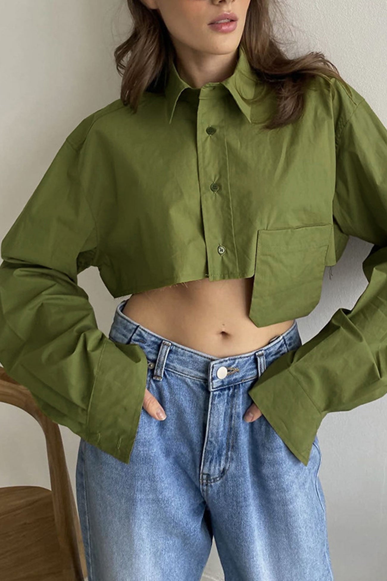 Cropped Shirt with Lapel Patch Pocket