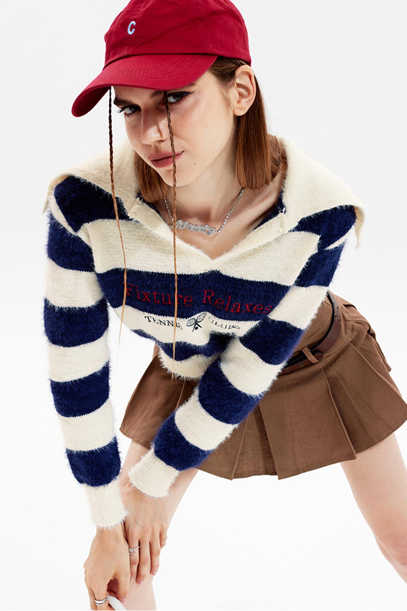 Striped Patchwork Knitted Sweater with Lapel