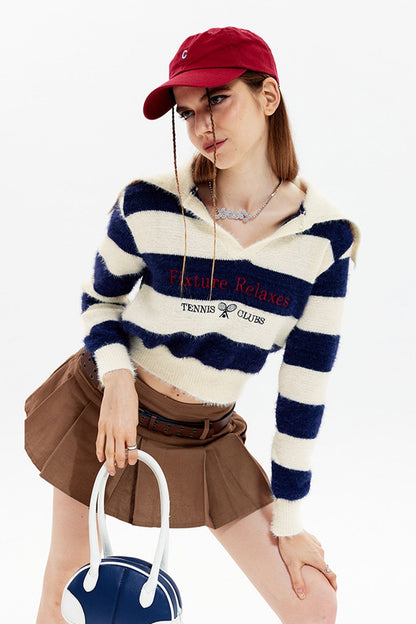 Striped Patchwork Knitted Sweater with Lapel