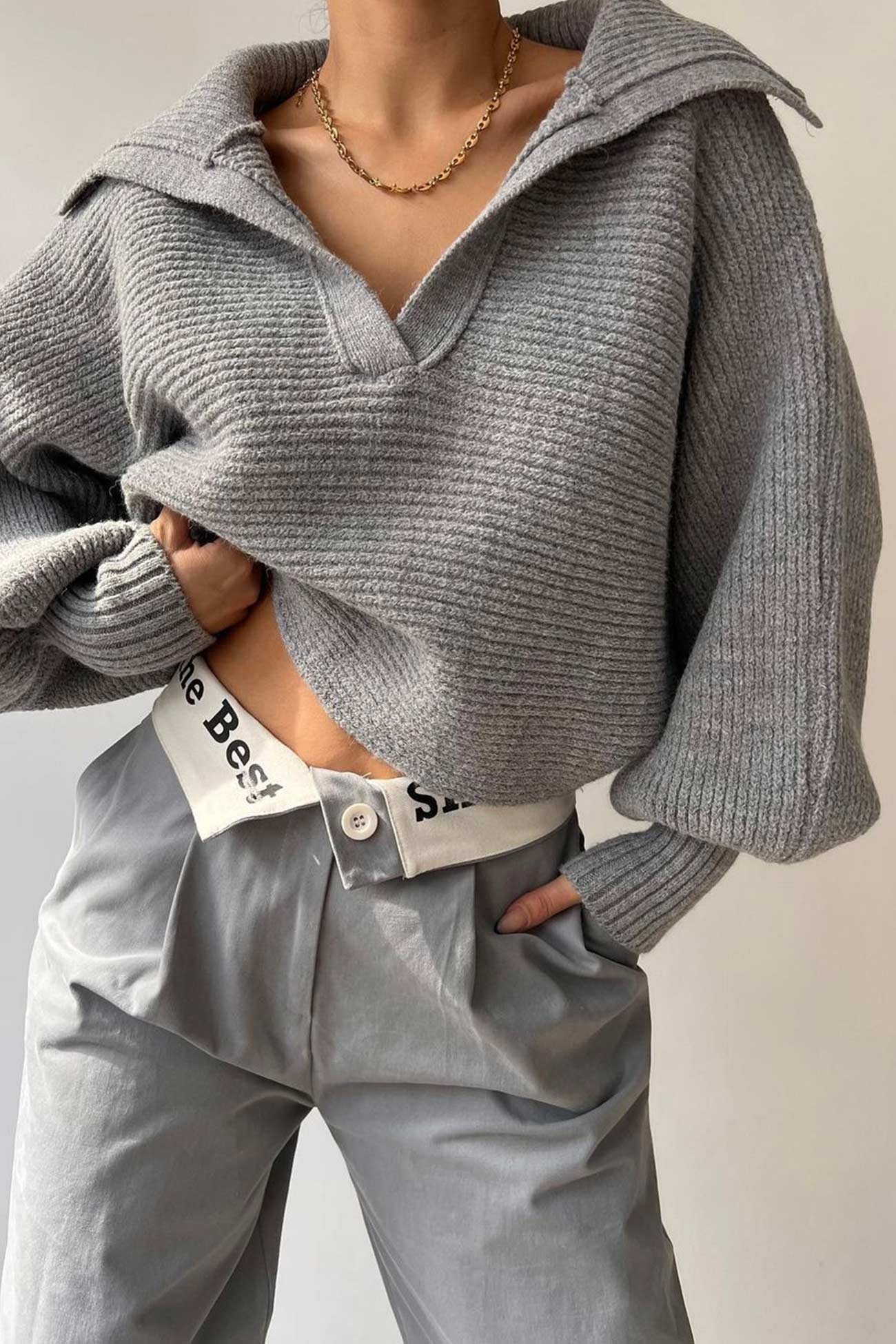 V Neck Puff Sleeve Sweater with Lapel