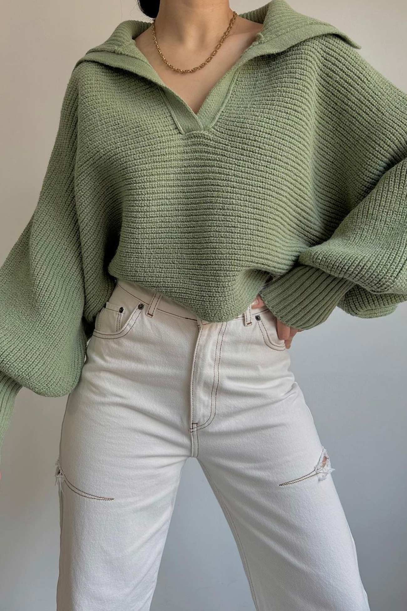 V Neck Puff Sleeve Sweater with Lapel